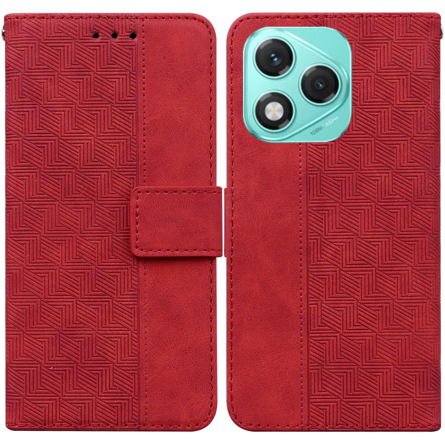 

For Honor 400 Lite Case Geometry Pattern Leather Wallet Phone Cover with Wrist Strap Red