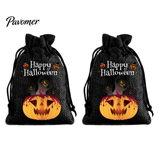 Trick or Treat Party Souvenirs 2Pcs Halloween Pumpkin Drawstring Bags for Candy Treats, Retro Burlap Rustic Linen Goodie Bags, Portable Kids