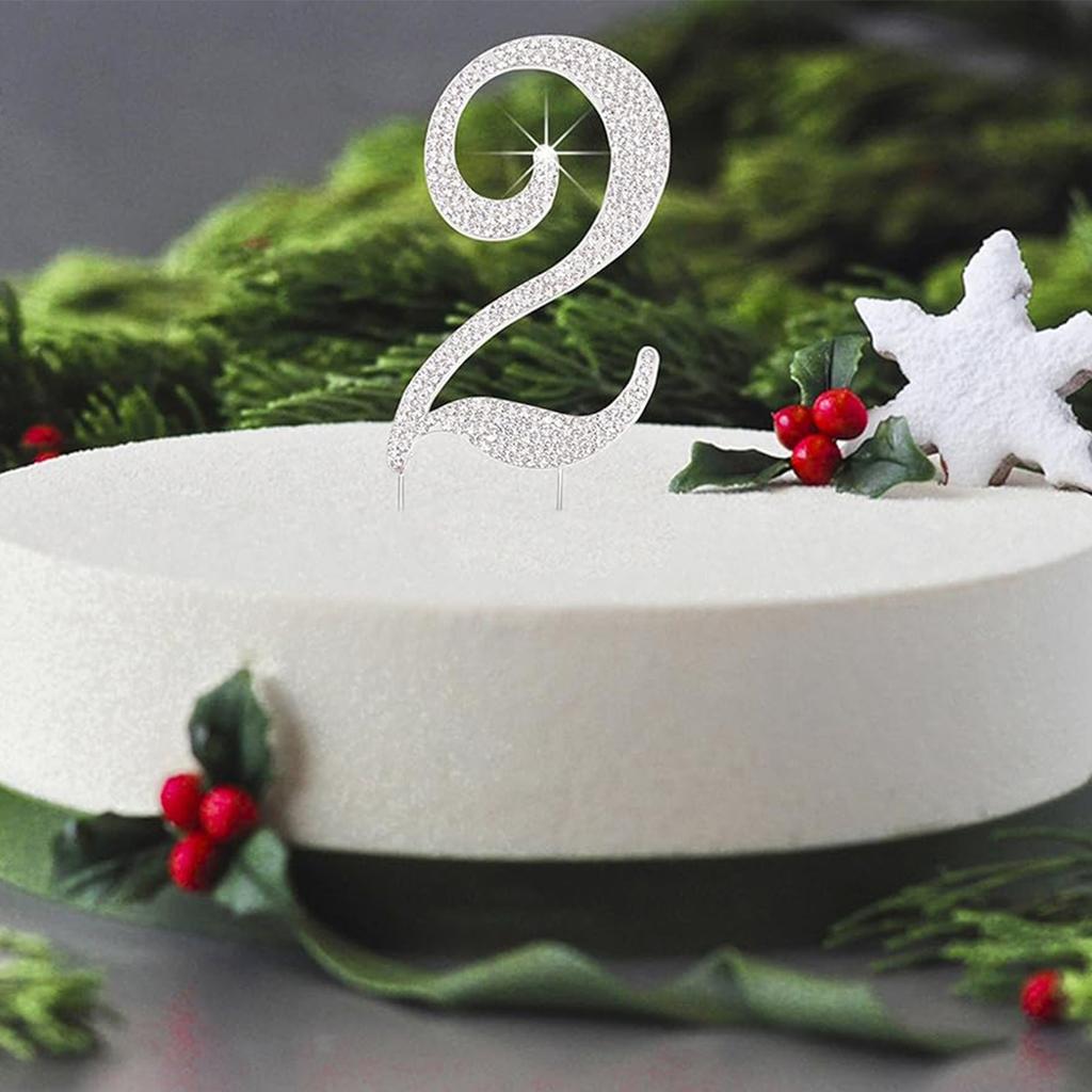 Silver 2" Crystal Cake Topper Number 2 Rhinestones Birthday Cake Topper Boy or Girl Birthday Anniversary Party Decoration Supply