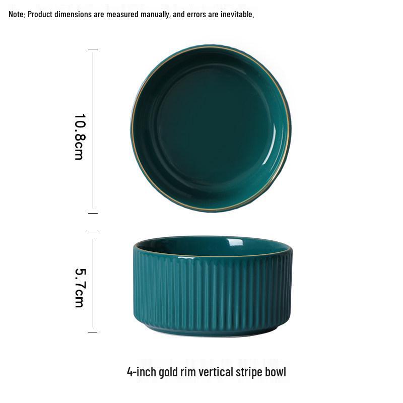 Emerald Green Gold-Rimmed Tableware Set: Vertical Stripes Design, Creative Rice and Soup Bowls