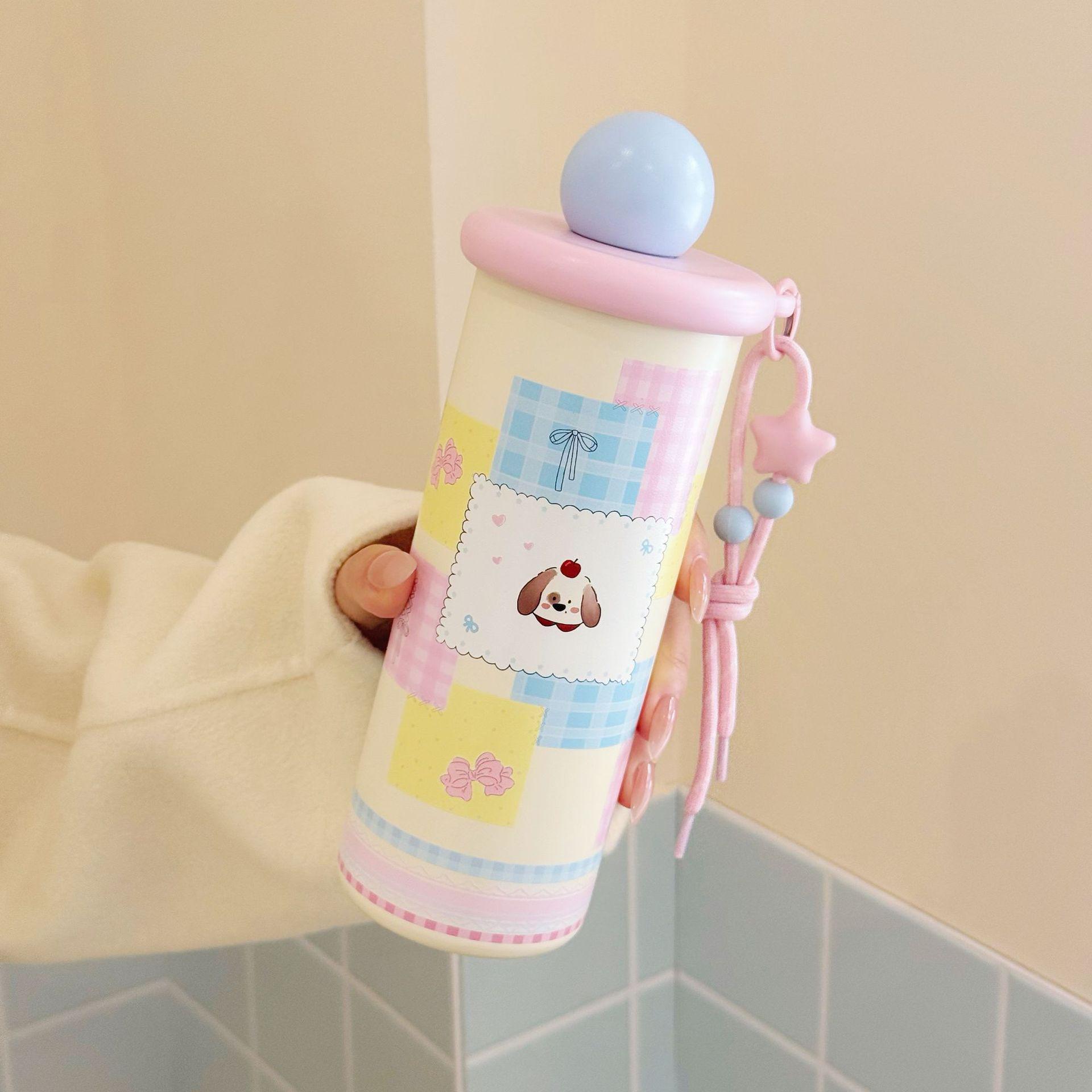 Cartoon Floating Ball Stainless Steel Thermos Cup with Lanyard and Straw for Students and Children 600ml синий