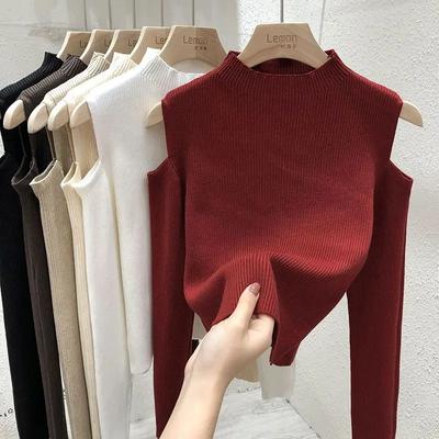 WTEMPO Fashion Off-the-shoulder Women's Pullover Tops Long-sleeve Autumn New Bottoming Knitted Shirt Mock Neck Female Sweater