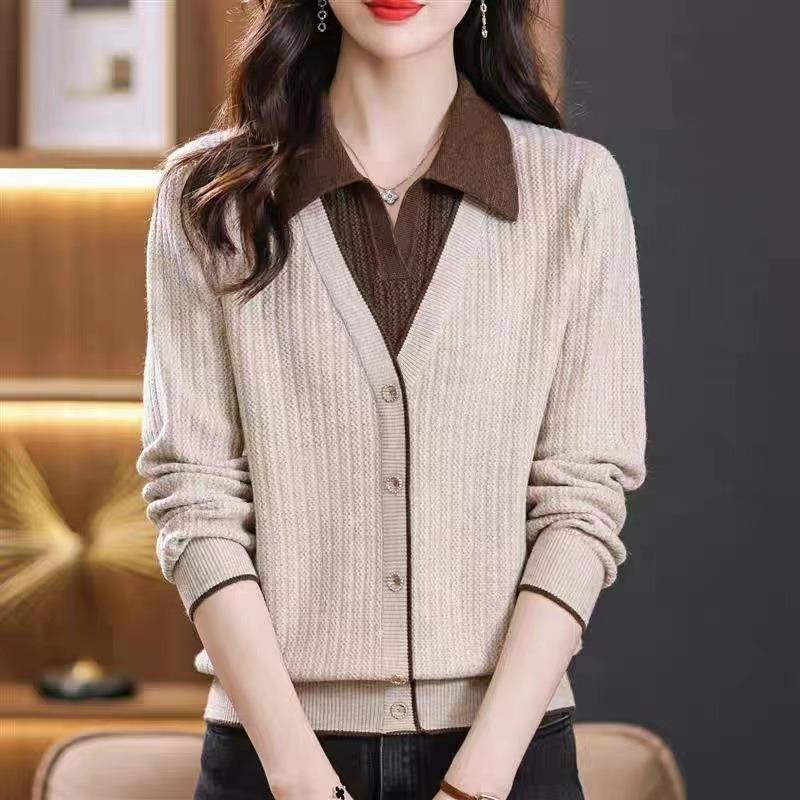 Autumn and winter new knitted sweater loose outer lapel fake two sweater women bottoming shirt top women