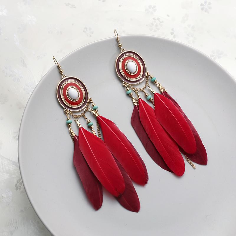 Bohemian Tassel Chain Feather Earrings for Women Unique Long Oval Drop Glaze Handmade Dangle Earring Pendiente Mujer Accessories