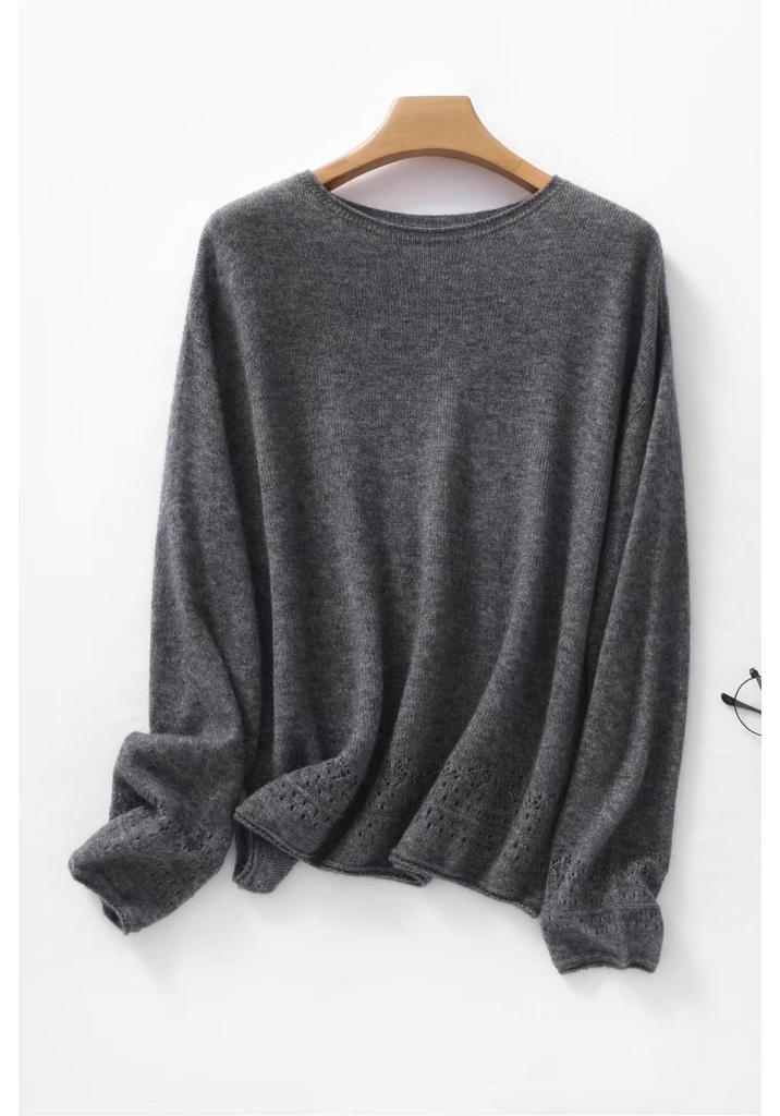French-Style Silk Hollow Round Neck Knitwear for Women - Spring/Autumn Loose Sun Protection Shirt
