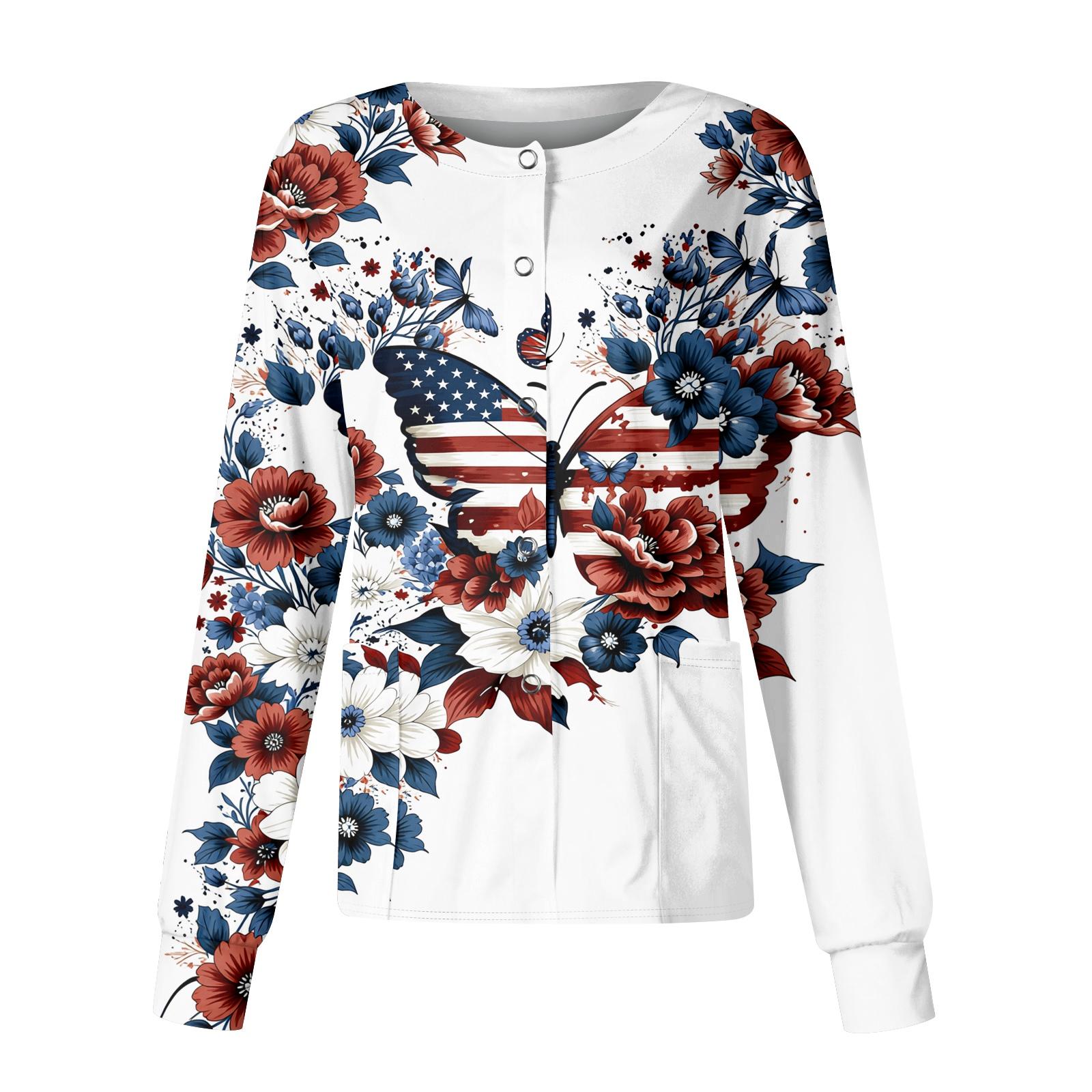 

Women s Casual Fashion Long-Sleeve Stand-Up Collar Single-Button Independence Day Print Workwear Jacket XL білий