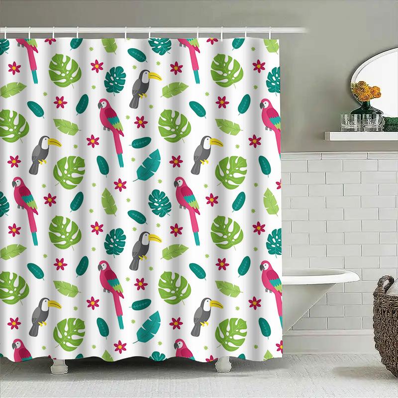 

Vibrant Parrot and Leaf Shower Curtain for Bathroom Decor Waterproof Fabric with Hook Rings Set White, Green Pink Floral Pattern 90x180cm
