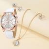 Fashionable Women's Watch with Simple Roman Dial, Quartz Watch, Women's Leather Strap Watch Necklace Earrings Ring Set