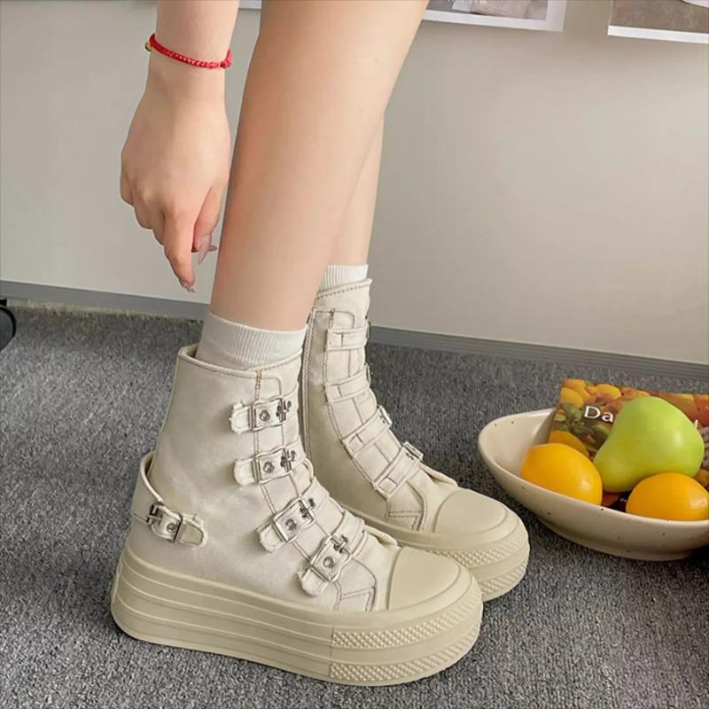 Classic Womens Canvas Shoes Fashion Casual High Top Boots Buckle Design Women Shoes Height Increasing Platform Shoes Ankle Boots