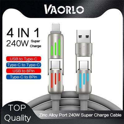 VAORLO 4 IN 1 240W RGB Cable Super Charger For Iphone 15 Type-C/USB To Type-C/8Pin PD Fast Charge For Huawei Xiaomi Data Cable