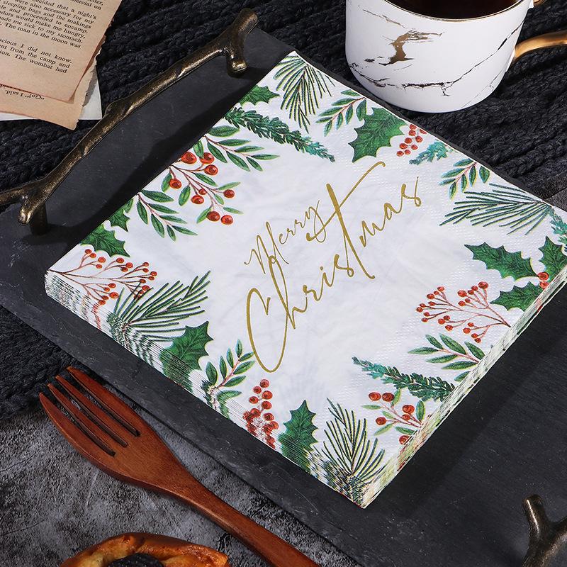 Merry Christmas Green Leaf Paper Napkins - Soy Ink, Virgin Wood Pulp, Food Grade, English Square Design