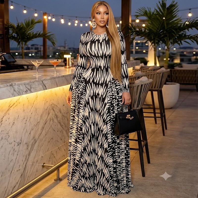 European and American Women's Clothing Autumn New Fashion Round Neck Slim Print Pleated Floor Splicing Dress Dress