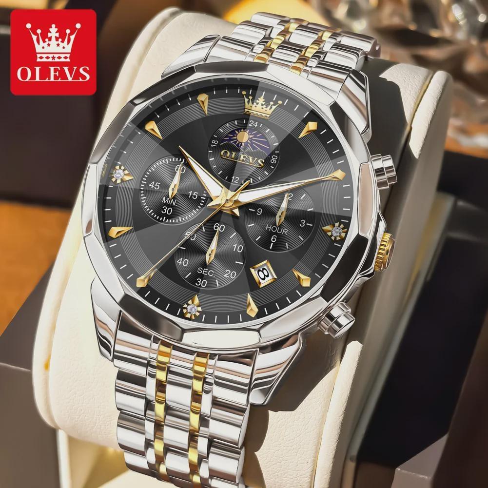 Mens Business Watch Fashion Quartz Watches Multifunctional Chronograph Waterproof Moon Phase Watch Mens Gifts