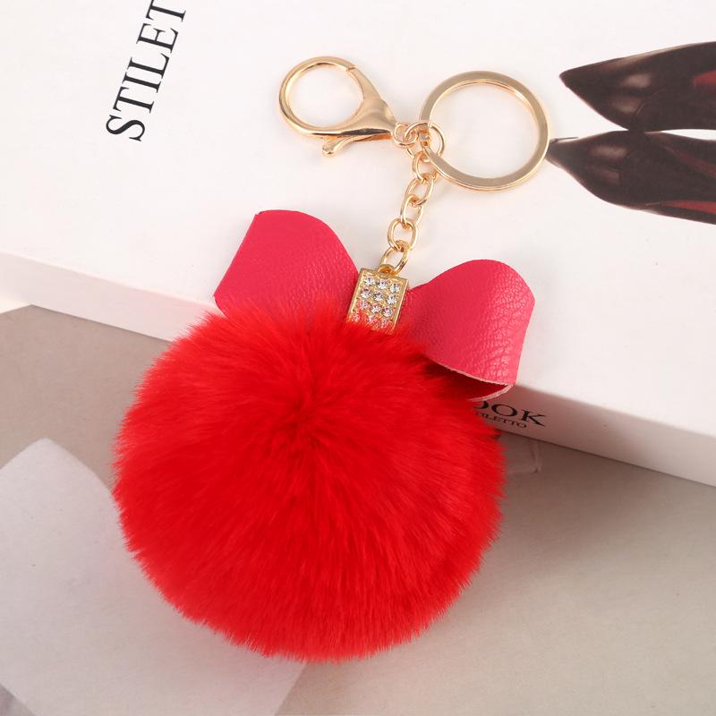 Faux Fur Pom Pom Keychain Women Girls Plush Ball Bag Backpack Pendant Creative Rhinestone Pu Leather Bow Car Keyring GiftS