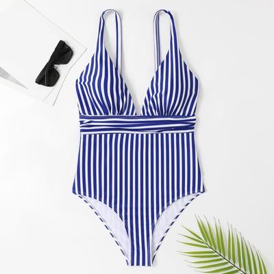 Yaz Monokini V Yaka Askılı Sırtı Açık Tek Parça Bikini Çizgili Baskılı Hızlı Kuruyan Slim Fit Vücut Şekillendirici Monokini