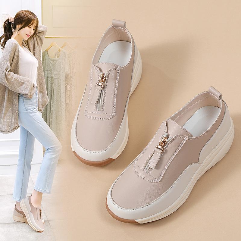 Pantofi sport pentru femei, primăvara 2025: Design cu fermoar gol, vârf din piele naturală, mărime mare, talpă groasă, stil de mamă.