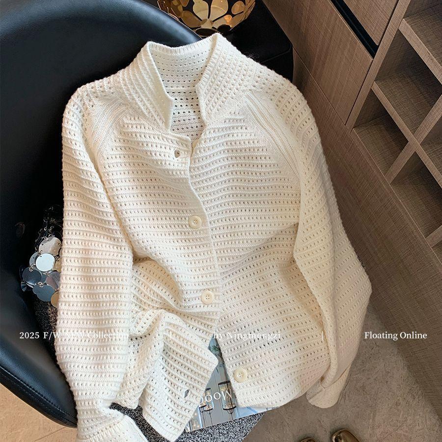 

Simple white hollow stand-up neck knitted cardigan women s new design sense gentle temperament sweater cardigan new product s recommendation ( 40-47.5kg )