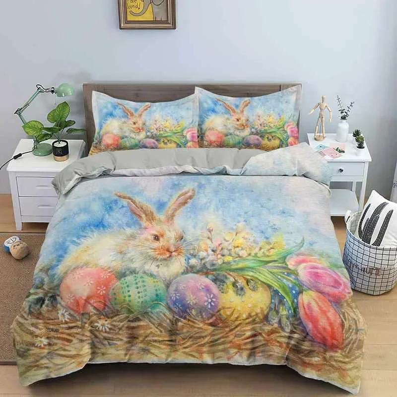 Comforter Cartoon Rabbit King Queen Pet Animal Carrot Bedding Set For Kids Easter Theme Bule 2/3Pcs Polyester