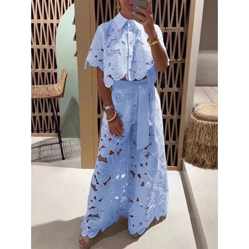 Hollow Collar Top Wide Leg Pants Set Hollow Out Lapel Top Wide Leg Pants Set