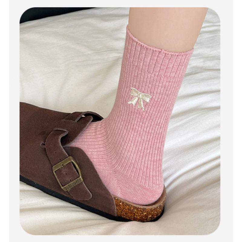 Bow Socks for Women, Autumn Style Cotton Socks, Retro Mid-calf Socks, Solid Color Women's Socks, Mid-calf Pile Socks