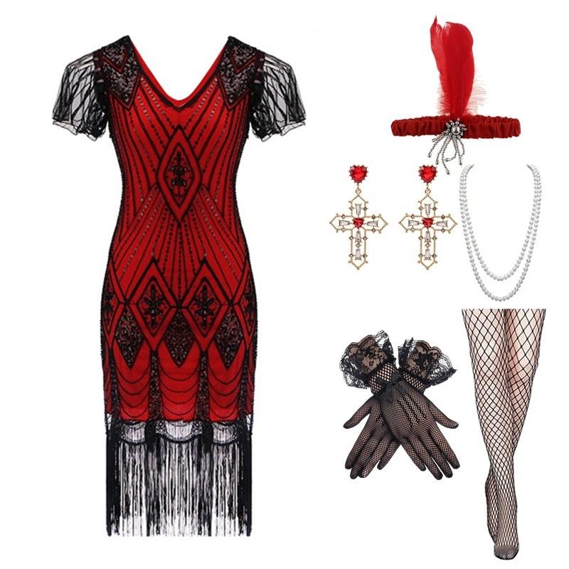 Large Size Retro Sequined Dress Handmade Beaded Fringed Dress Set