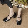 Bow square head Mary Jane shoes women's spring and autumn sheepskin light mouth thick heel single shoes high heel