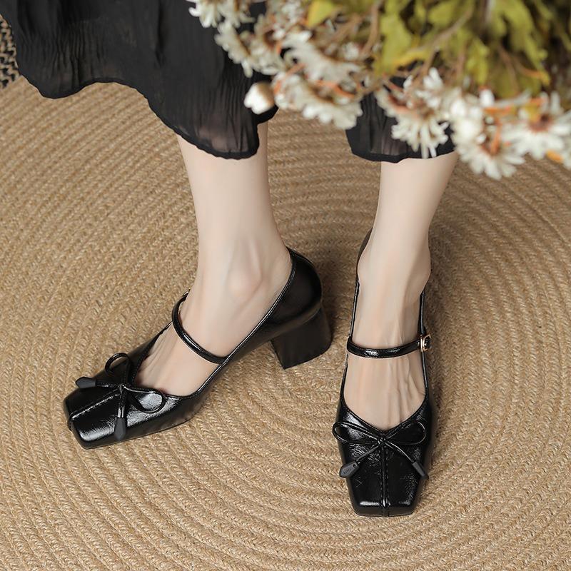 Bow square head Mary Jane shoes women's spring and autumn sheepskin light mouth thick heel single shoes high heel