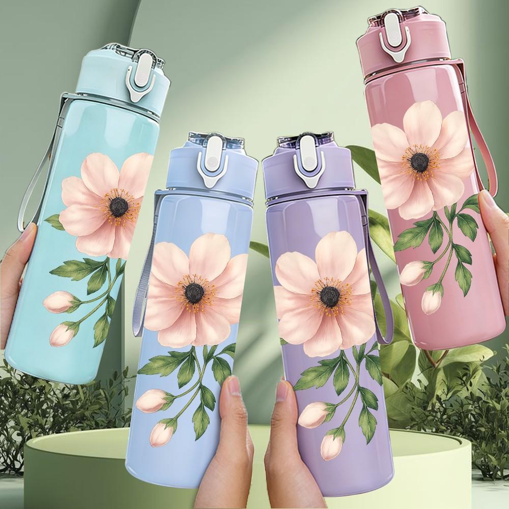 1PC Soft Pink Single Daisy Flower Print 750ml Color Plastic Sports Water Bottle Leakproof Flip Straw Lid Suitable for Sports Office Home Use