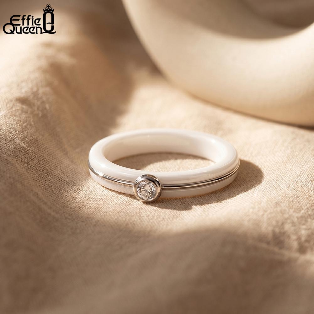 Effie Queen Stainless Steel Metal Ceramic Finger Ring Waterproof Minimalist Texture Dainty Zircon Ring Jewelry Accessories STTR