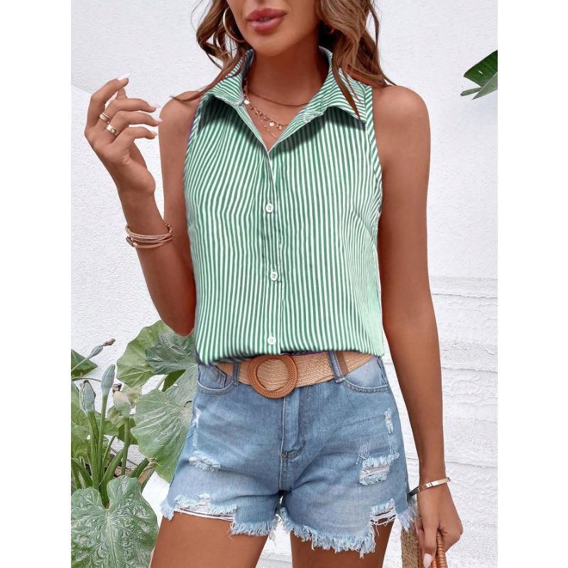 Camicia da Donna a Maniche Corte a Strisce Verdi e Bianche con Bottoni e Collo Top Casual Estivo