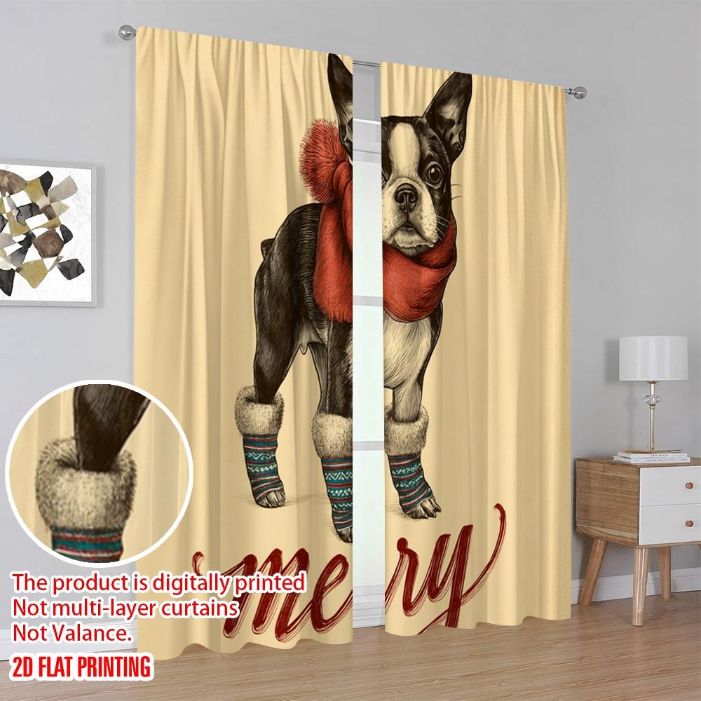 2pcs,2D plane printing Light Filtering Curtains Boston Terrier and Reindeer Deer Versatile Polyester (without rod) Holiday Use