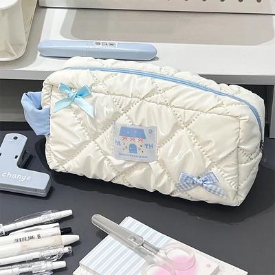 Blue Bow Zipper Pen Storage Bag Women'S Large Capacity Stationery Storage Pencil Case Student Office School Supplies