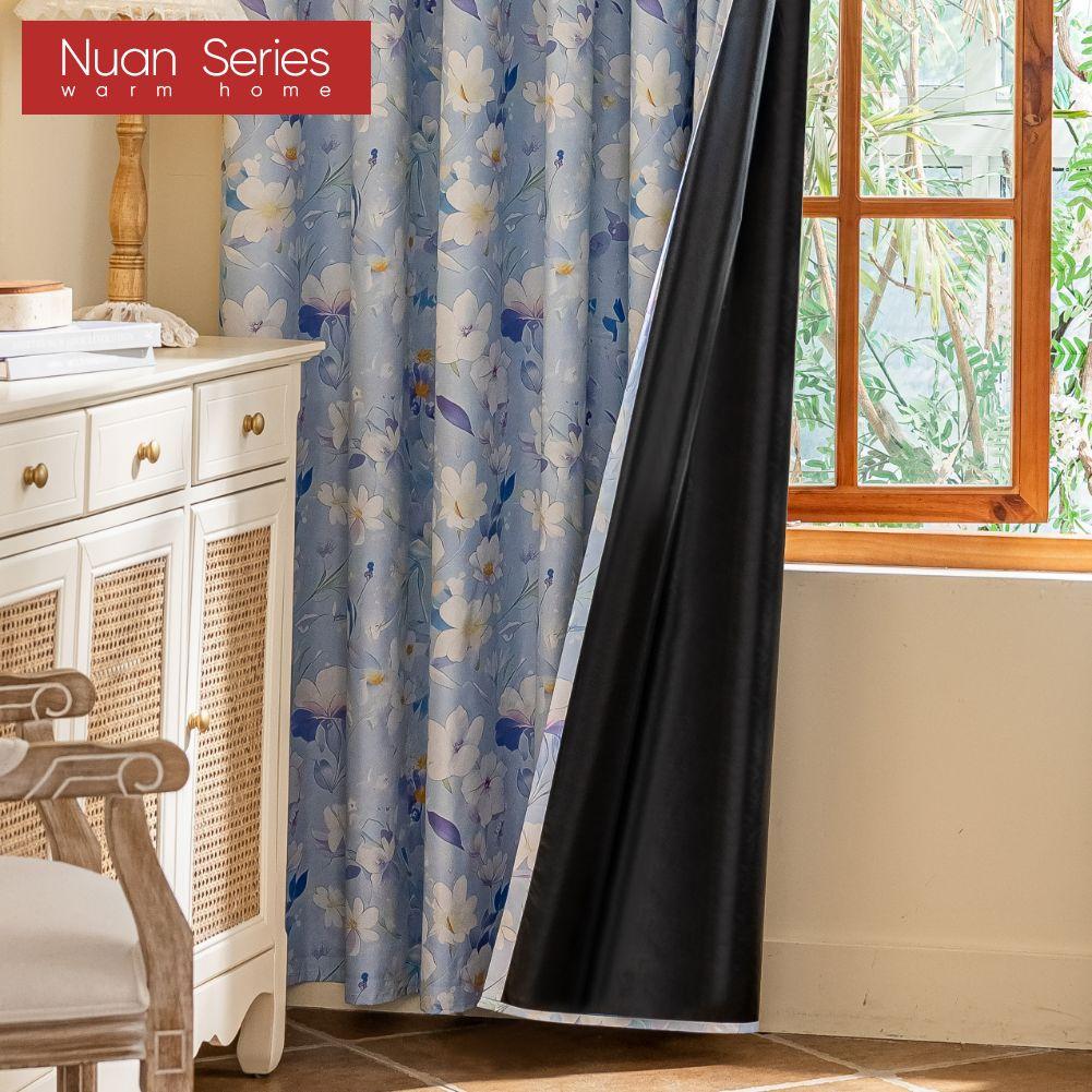 1PC Nuan Series Nordic Countryside Style Blue Printed Curtains with Full Blackout Curtains for Bedroom Living Room Balcony Window for Home Decor