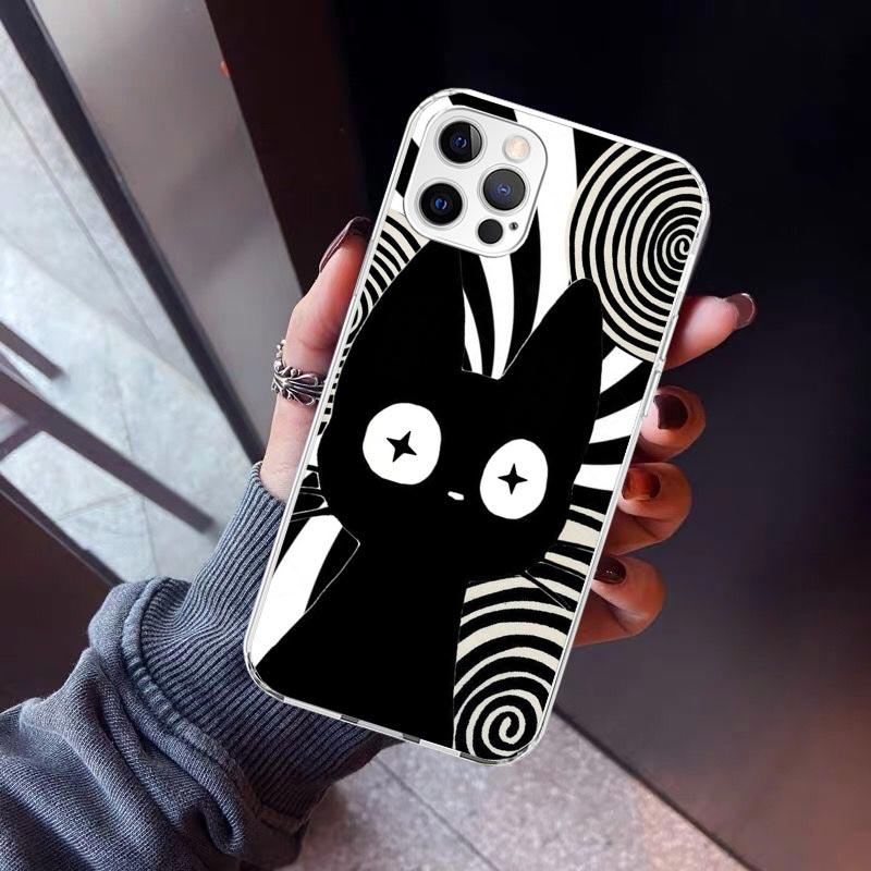 Cartoon Cute Black Cat Phone Case For iPhone 17 Air 16 15 Pro Max 14 Plus 13 Mini 12 11 Cover 7 8 SE Silicone Shell Print Fundas