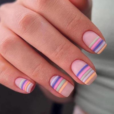 Vibrant Childlike Frosted Rainbow Striped Press-On Nails - Summer European & American Style