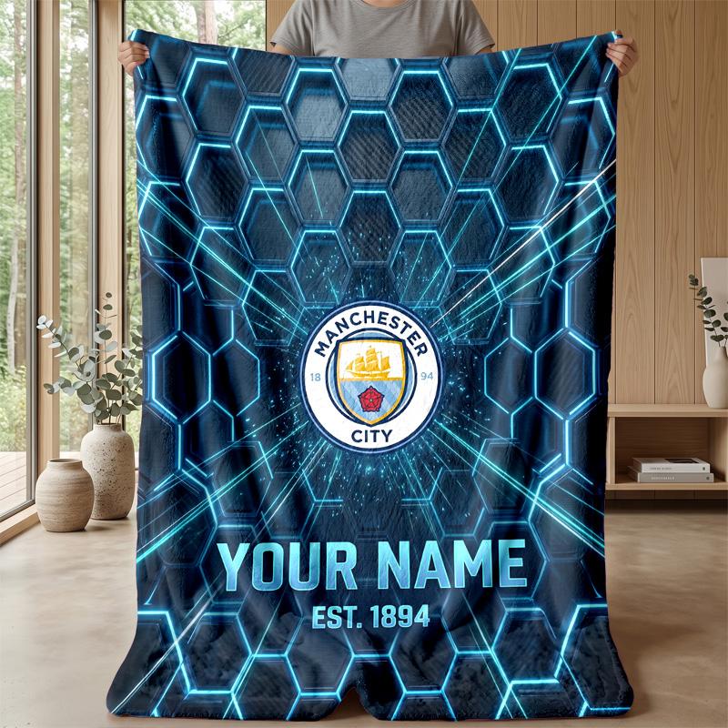 Custom Text Flannel Throw Blanket, Lightweight Cozy Bed Sofa BlanketManchester City
