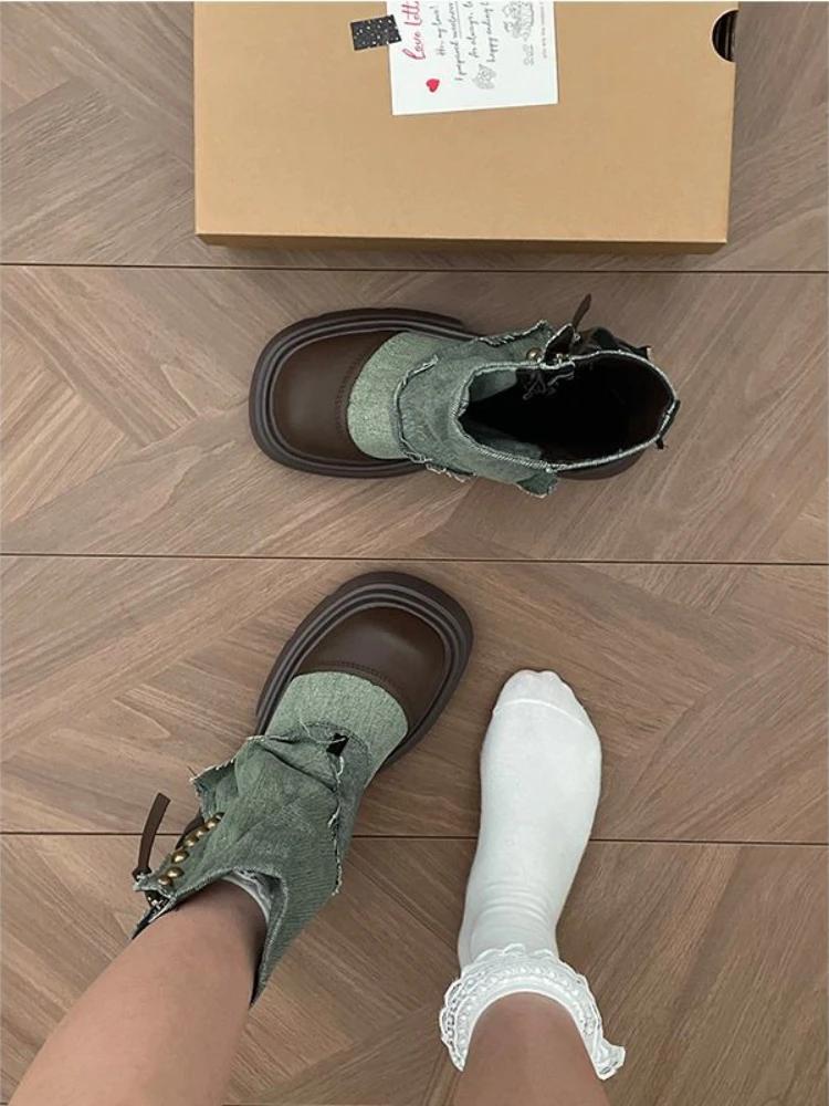 Fashion Platform Studded Denim Mid Calf Shoes Woman Cowboy Round Toe Cowgirl Half High Boots for Women New In Fashion 2024 Work Footwear