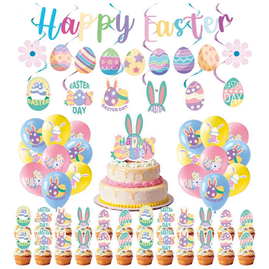 50 PCS Easter Party Decorations, HAPPY EASTER Decoration Easter Party Decorations Set Egg Bunny Banner Cake Toppers Easter Party Supplies