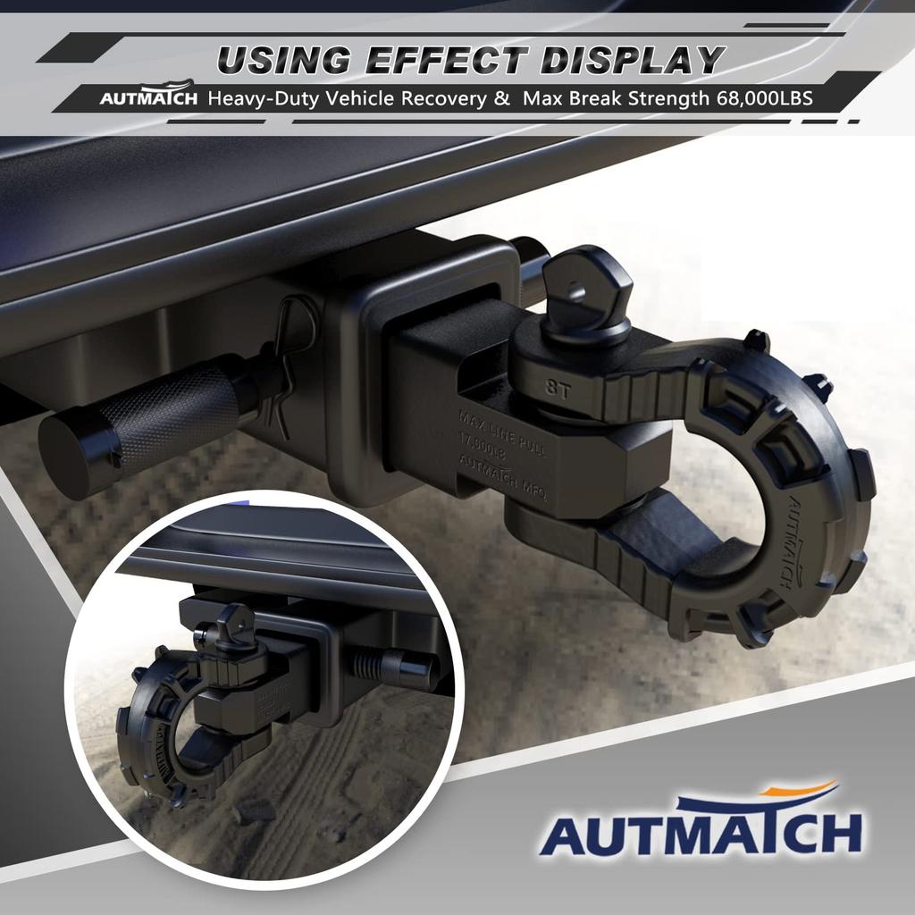 AUTMATCH Shackle Hitch Receiver with and Mega Shackles and Trailer Hitch Lock Vehicle Recovery Receiver Kit with a kg Break Matte Black Mega Shackle