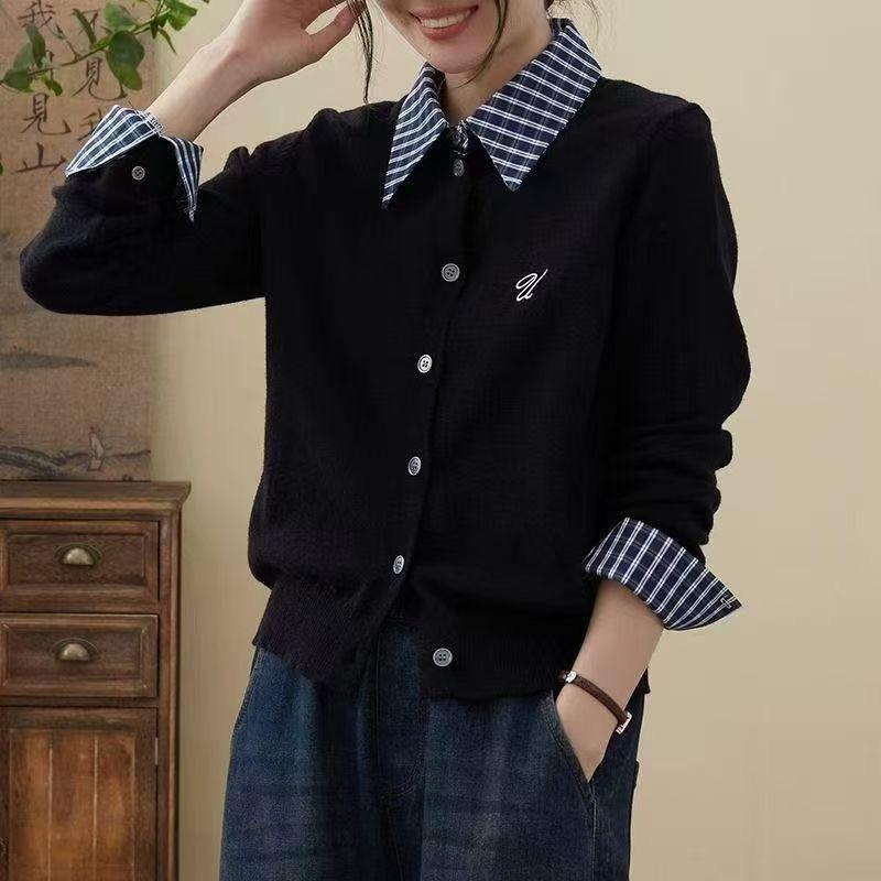 Plaid Polo Collar Fake Two-piece Twist Long-sleeved Sweater for Women To Wear Early Autumn Tops