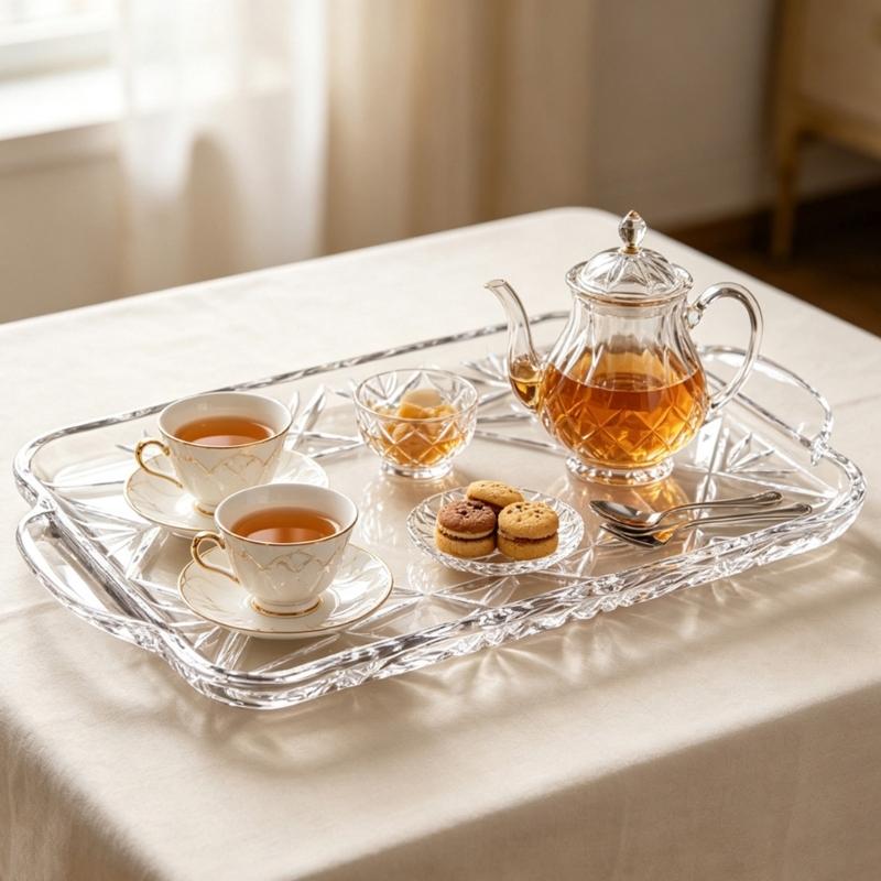 Rectangular Crystal Serving Tray Platter Decorative Tray with a Clear Body, Faceted Pattern and Raised Border for Arranging and Presenting Household
