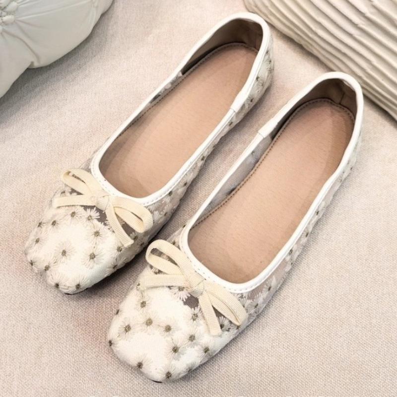 

Модный дизайн вышивки «Милая ромашка», брендовые балетки, женские милые туфли Мэри Джейн с квадратным носком и бантом, уютные сетчатые лоферы на низком каблуке 39 бежевый