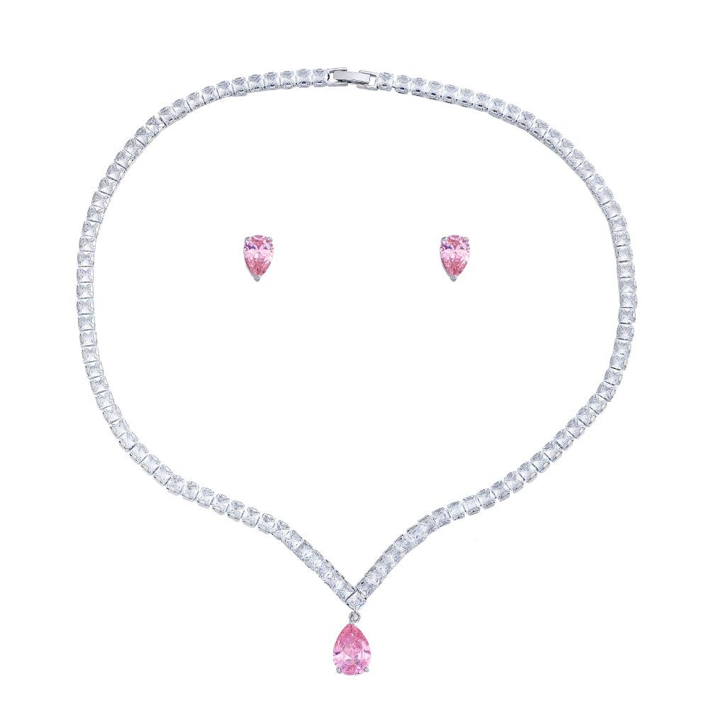 Princess Pink Diamond Stud Earrings Necklace Skinny Zircon Two-Piece Set Earrings Pendant Necklace Set