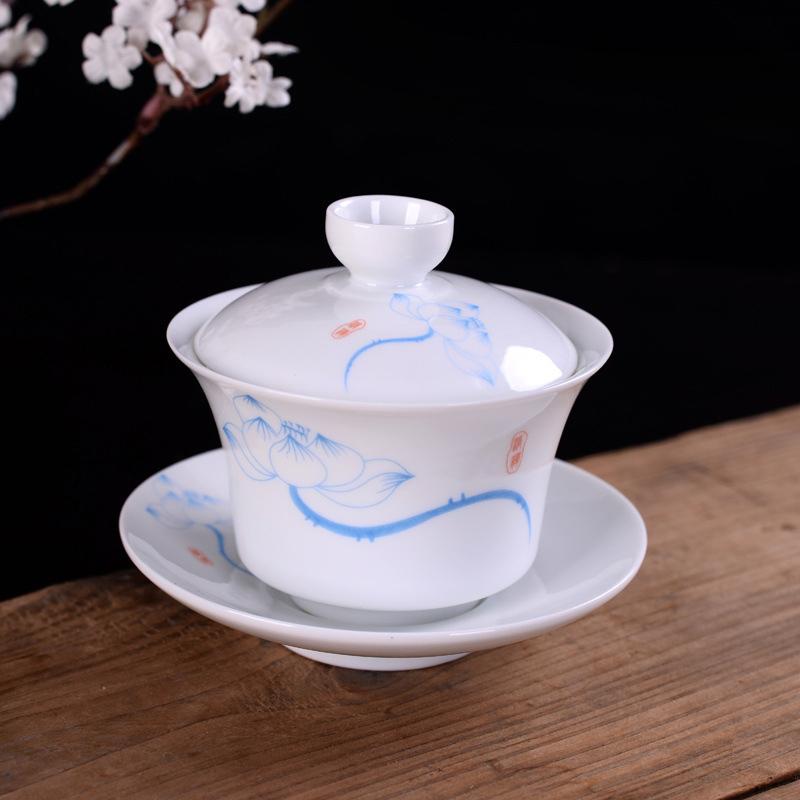 Set de castron de ceai din ceramică chinezească, din porțelan, pictat, albastru și alb, Gaiwan, cu capac, farfurie pentru ceai