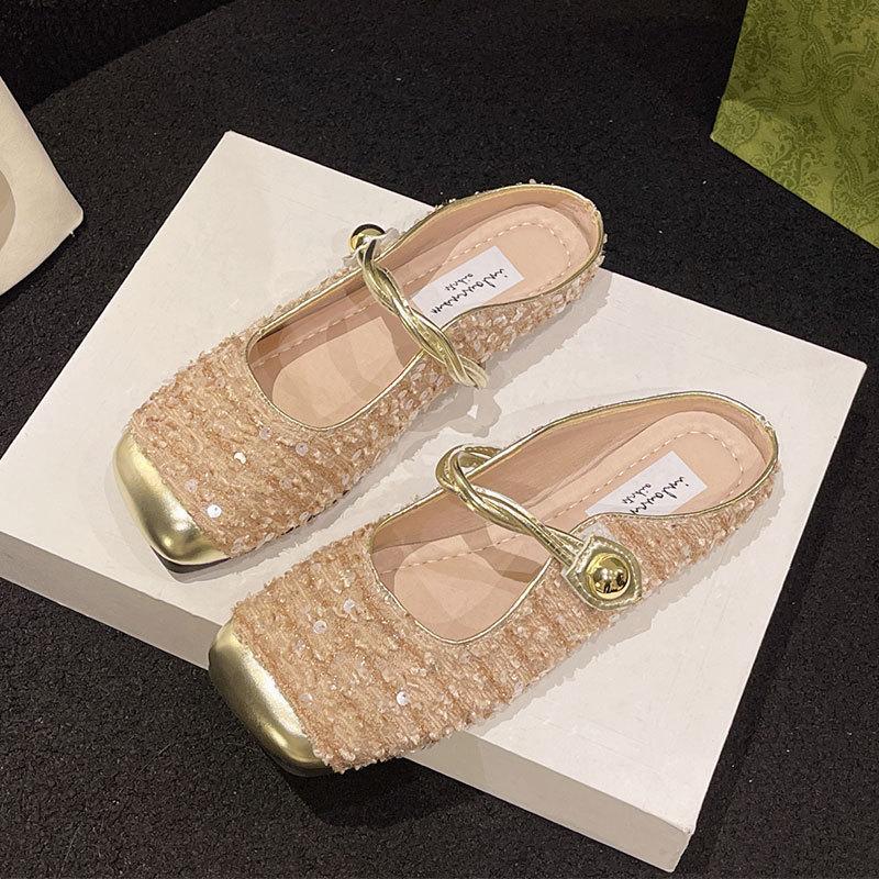 

Xiaoxiangfeng Korean version temperament Mary Jane single shoes women s 2025 summer French sequined silver bag head half slippers 35 рожевий