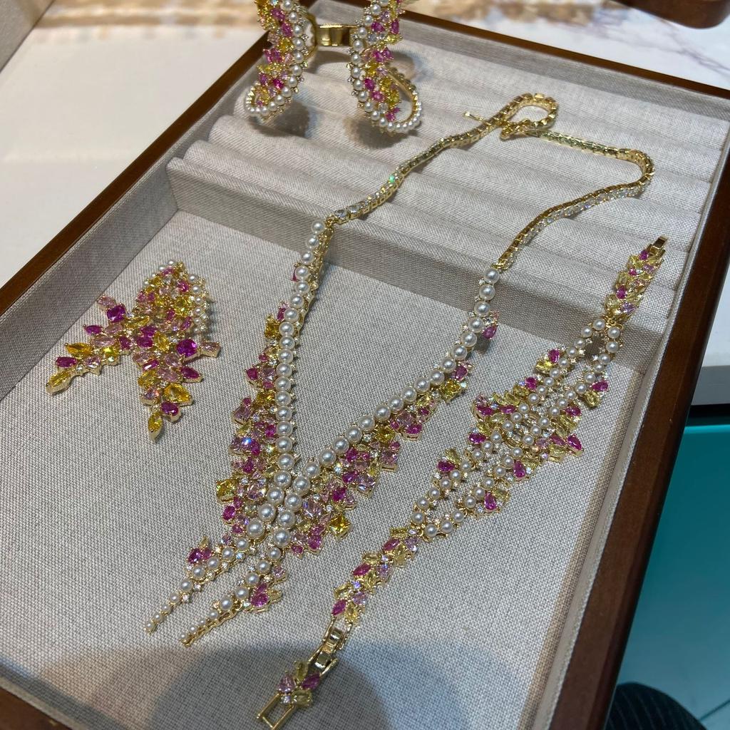 Guochao Heavy Industries Zirconium Jewelry Set, Vintage Vintage Elegant Antique Dress Necklace Bracelet Earrings