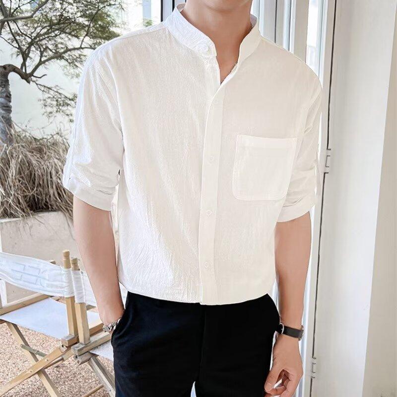 High-end Wrinkle Wave Free Ironing Fabric Thin Stand Collar Shirt Men's Short-sleeved Round Neck Shirt