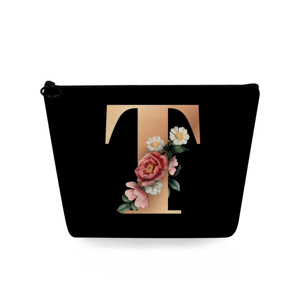 Women Black background letters Print Cosmetic Bag Toiletries Organize Travel Storage Case 6729 KTB