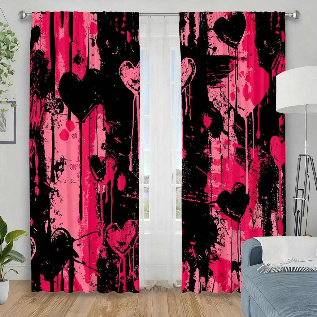 Set aus 2 Vorhängen in Herzform mit schwarzer Farbe und Tintenspritzern Trendiges Cooles Schlafzimmer Wohnzimmer Dekorative Vorhangstangen-Taschen Vorhang für Großartig Hergestellt Polyester
