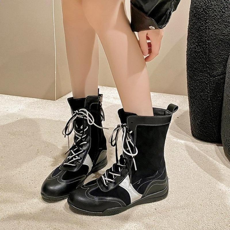 Fashion Heightened Inner Flat High Top Women's 2025 New Square Toe Versatile Lace-up Mid-leg Boots